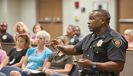 ILA can be used in a City meeting. Picture of police officer addressing the City.