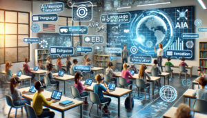 Futuristic educational classroom scene showcasing language translator trends in education and government as well as the integration of advanced language translators in education.